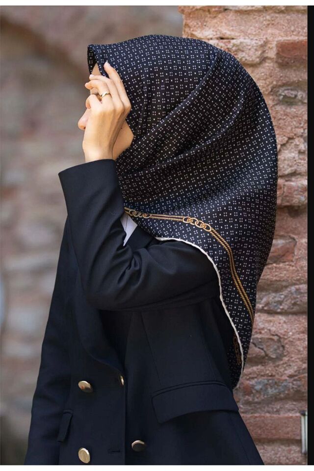 Vissona Twill İpek Zincir Desenli Eşarp Siyah-Krem