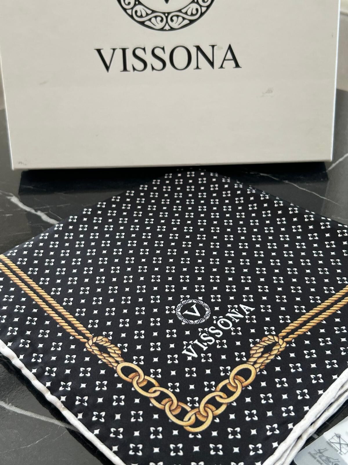 Vissona Twill İpek Zincir Desenli Eşarp Siyah-Krem