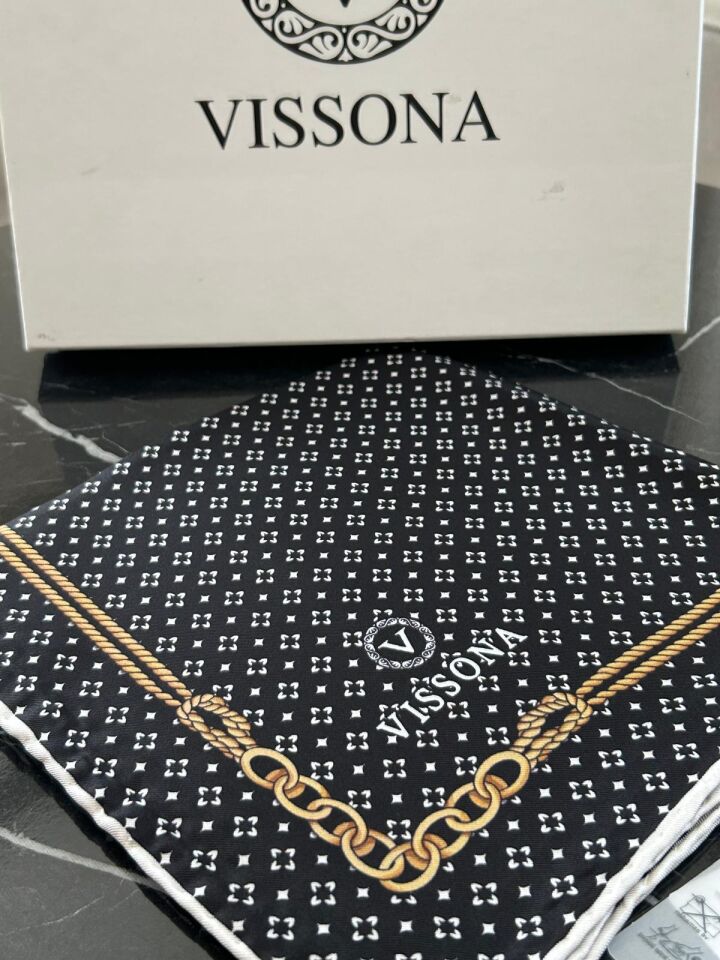 Vissona Twill İpek Zincir Desenli Eşarp Siyah-Krem