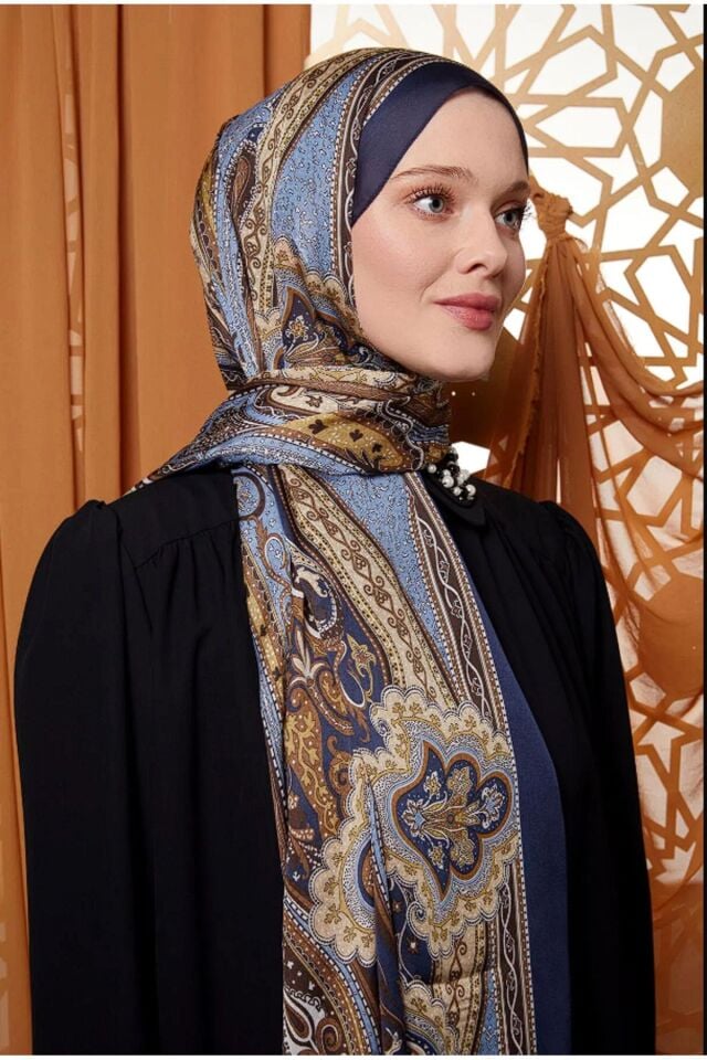 LuvenSara Etnik Desen Hint İpeği Şal Lacivert