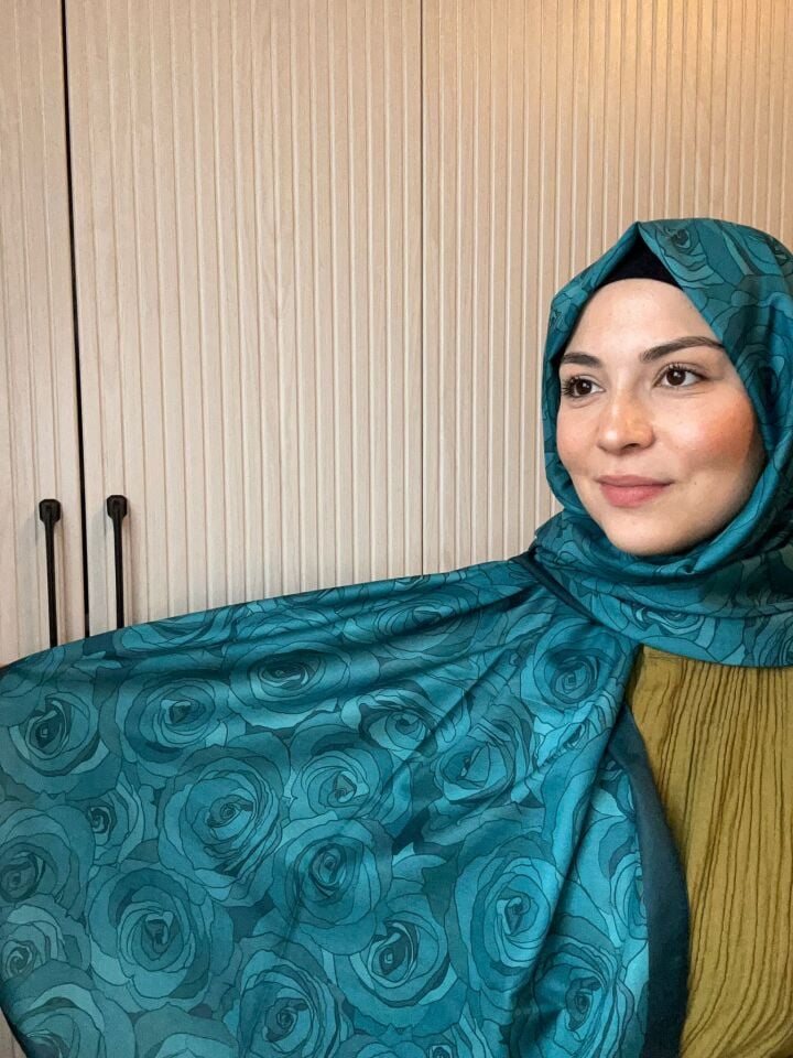Siyane Scarf Gül Desen Şal Petrol