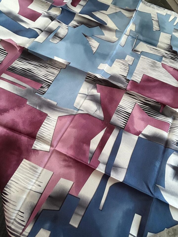 Vissona Twill İpek Geometrik Desenli Eşarp İndigo