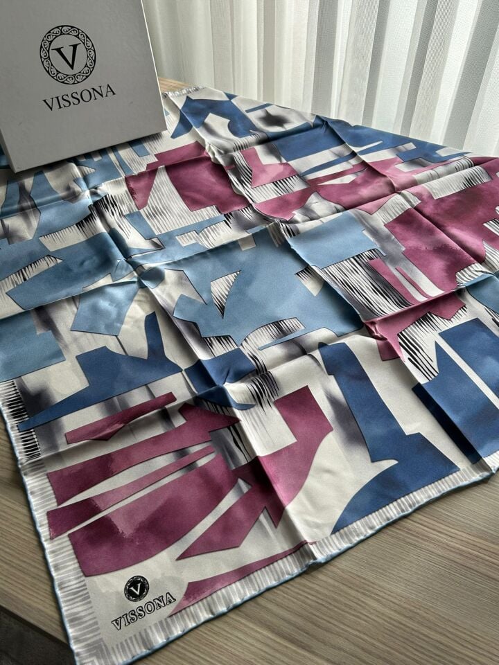 Vissona Twill İpek Geometrik Desenli Eşarp İndigo