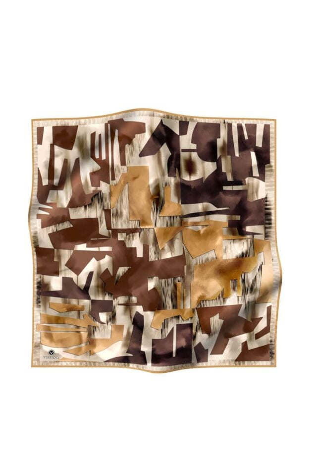 Vissona Twill İpek Geometrik Desenli Eşarp Gold