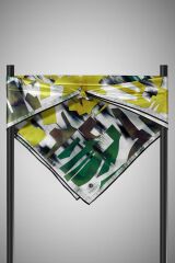%100 Twill İpek Geometrik Desenli Sarı - Benetton Yeşili Renkli 90x90 Eşarp Dikim Şekli : El Dikişi