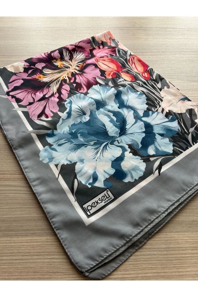 İpekseli Çiçek Desen Soft Şal Füme