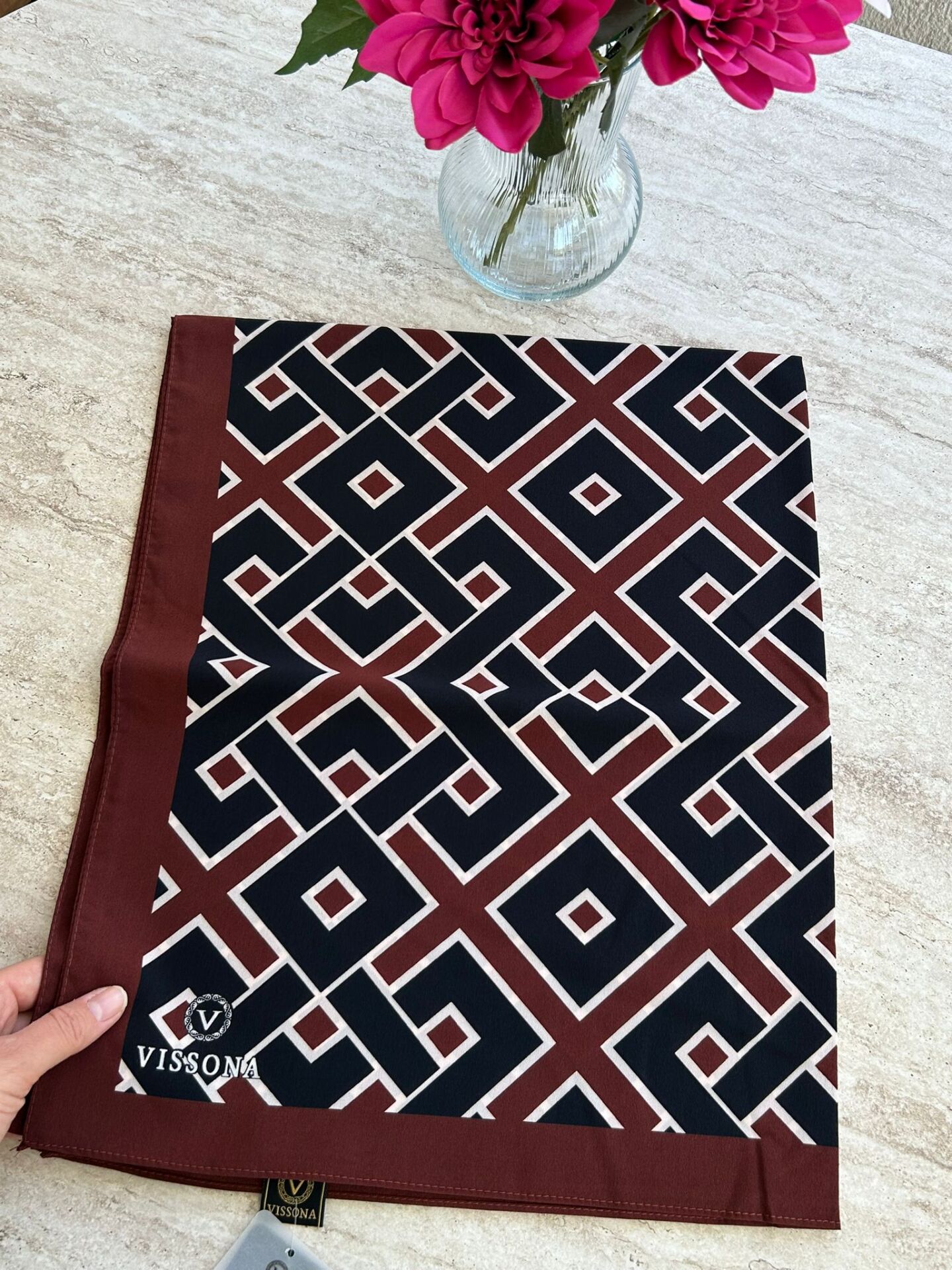 Vissona Medine İpeği Geometrik Desenli Şal Bordo