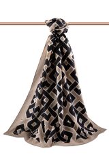 LÜKS MEDİNE İPEĞİ GEOMETRİK DESENLİ BEJ RENKLİ 75X195 KIRIŞMAZ ŞAL MOSS KREP DİKİŞ TİPİ İTALYAN DİKİ