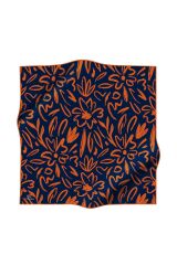%100 Twill İpek Büyük Çiçek Desenli Lacivert - Turuncu Renkli 90x90 Eşarp Dikim Şekli : El Dikişi