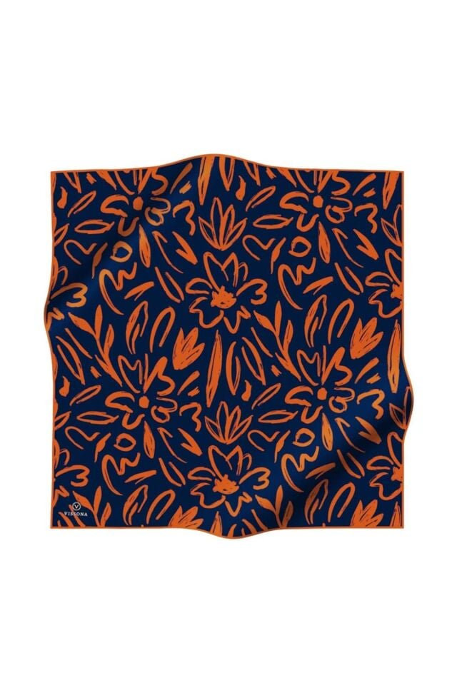 Vissona Twill İpek Büyük Çiçek Desenli Eşarp Lacivert