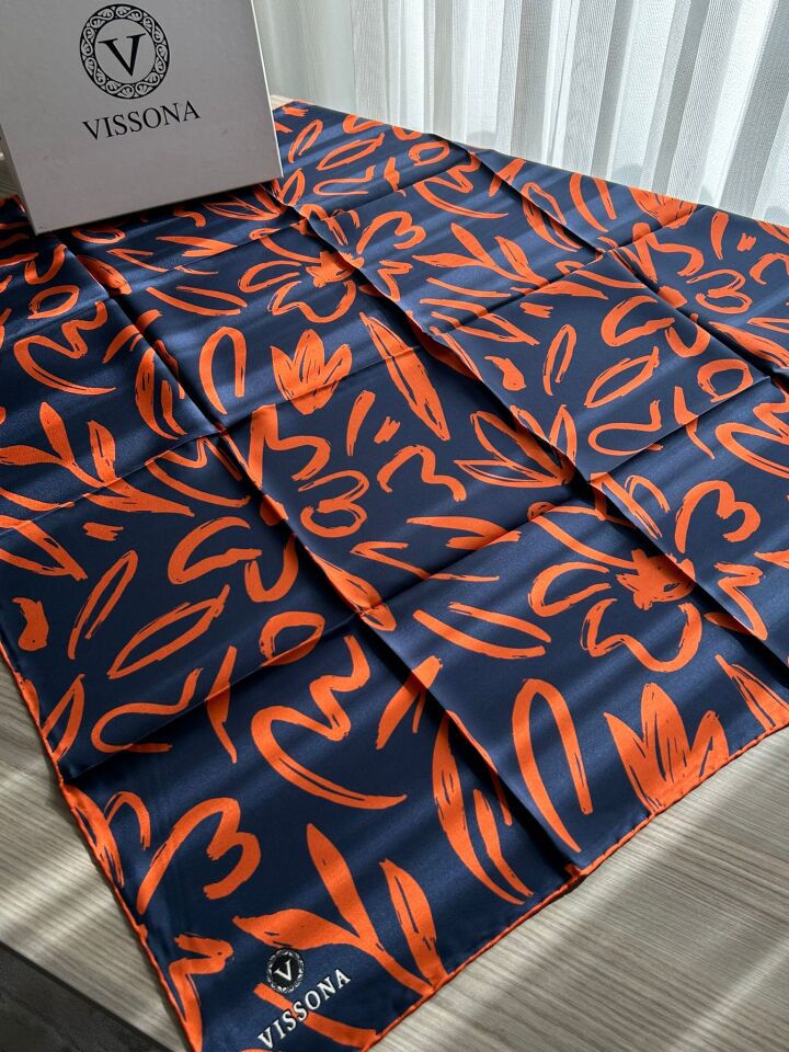 Vissona Twill İpek Büyük Çiçek Desenli Eşarp Lacivert