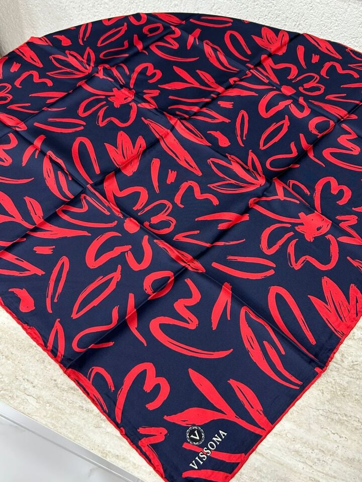 Vissona Twill İpek Büyük Çiçek Desenli Eşarp Lacivert