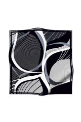 %100 Twill İpek Çizgili Geometrik Desenli Siyah - Beyaz Renkli 90x90 Eşarp Dikim Şekli : El Dikişi