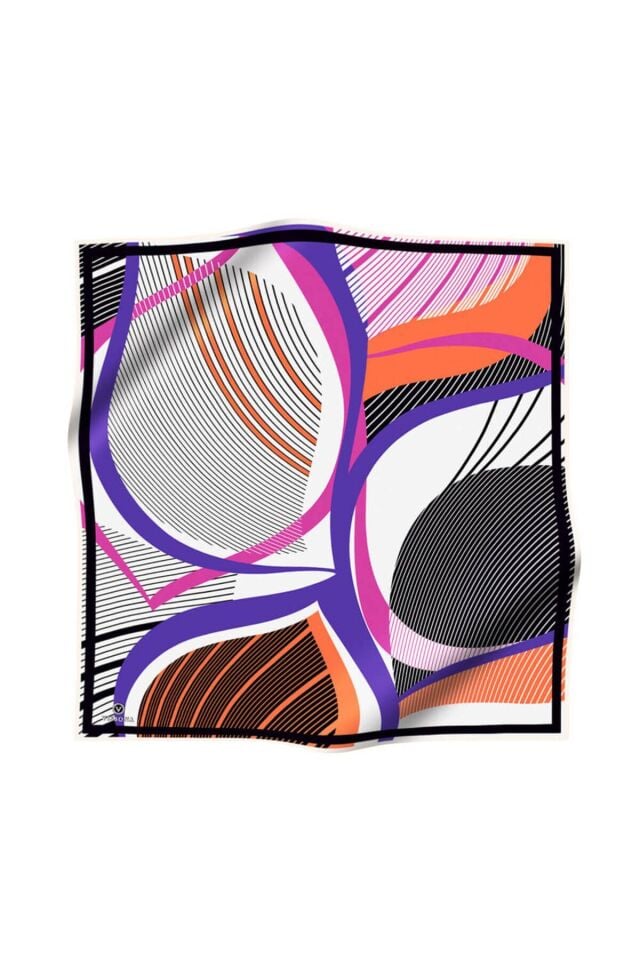 Vissona Twill İpek Çizgili Geometrik Desenli Eşarp Beyaz