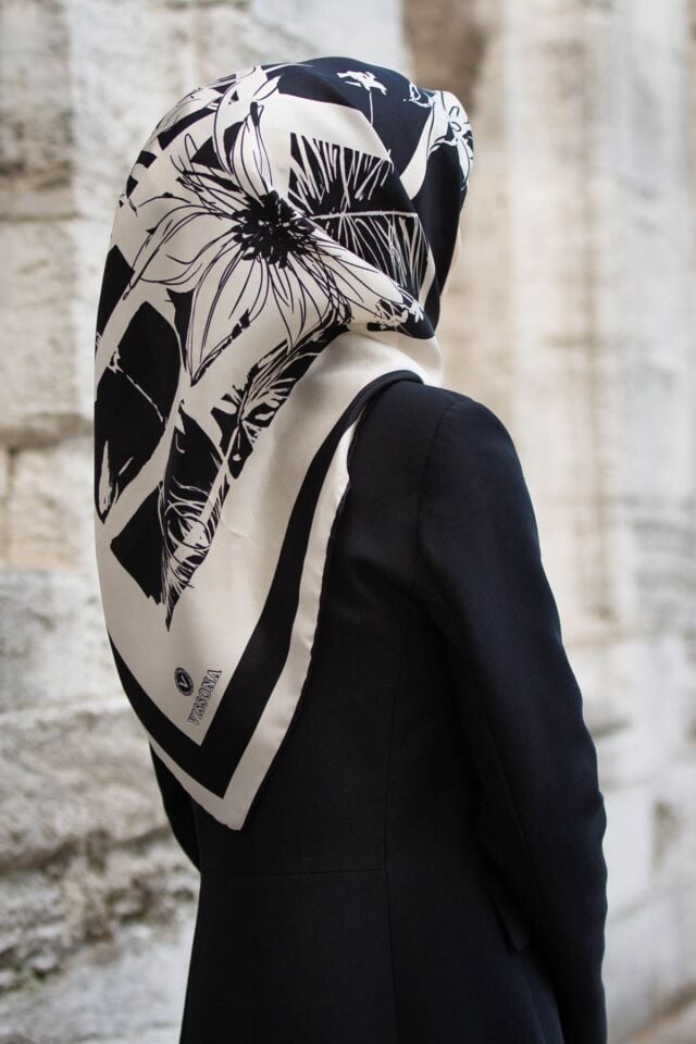 Vissona Twill İpek Eşarp Krem-Siyah
