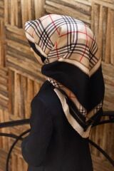 Twill Ipek Eşarp Ekose Desenli, Siyah, Krem, Bej