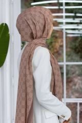 LÜKS MEDİNE İPEĞİ MONOGRAM DESENLİ SOMON RENKLİ 75X195 KIRIŞMAZ ŞAL MOSS KREP DİKİŞ TİPİ İTALYAN DİK