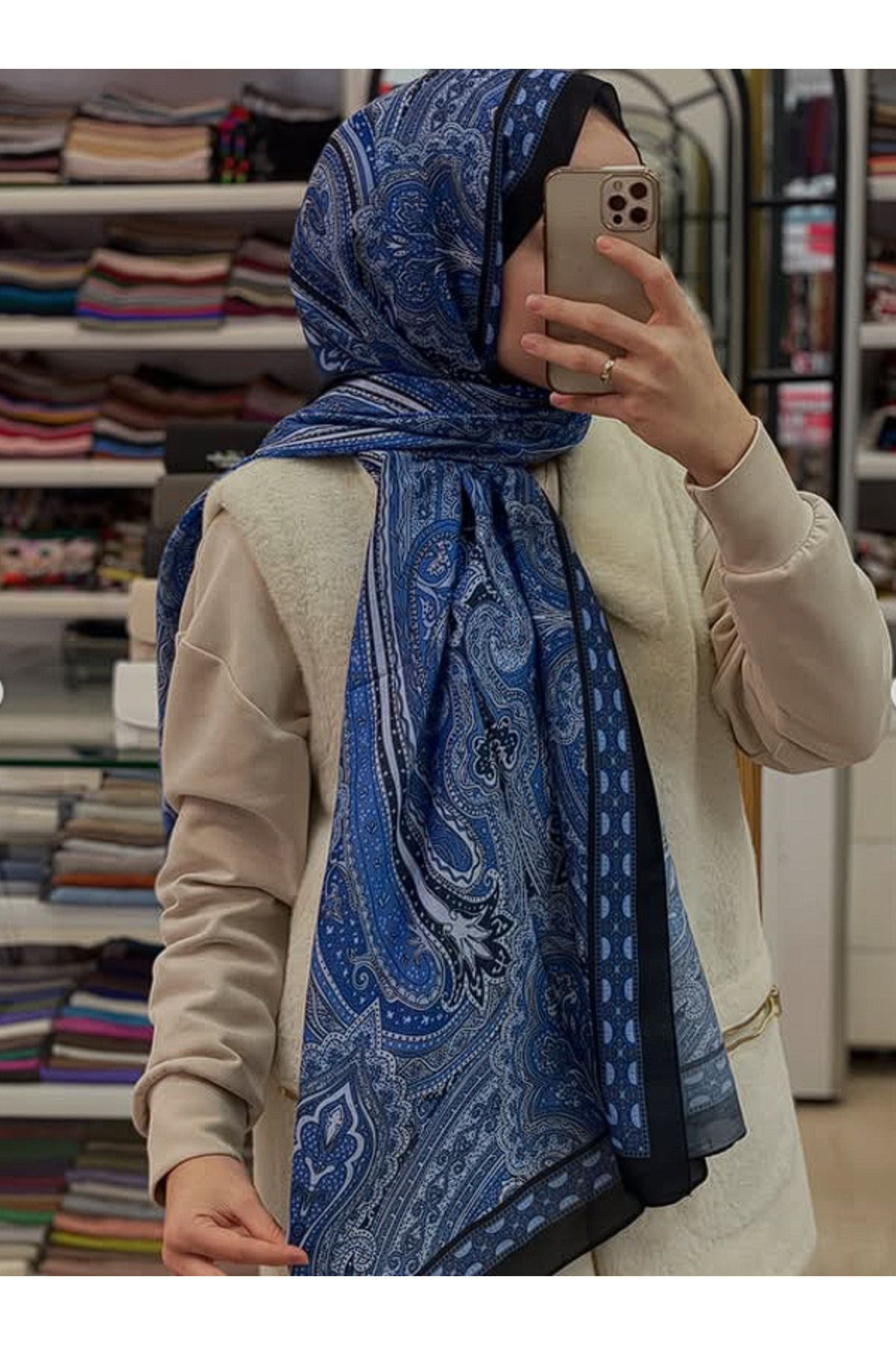 İpekseli Etro Desen Pamuk Şal Mavi Siyah