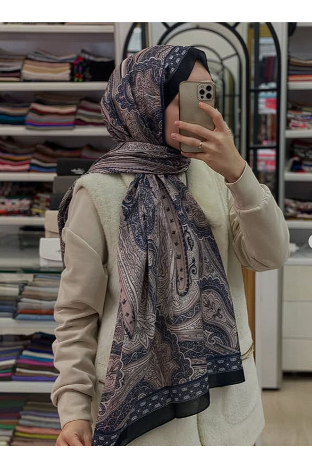 İpekseli Etro Desen Pamuk Şal Lacivert Bej