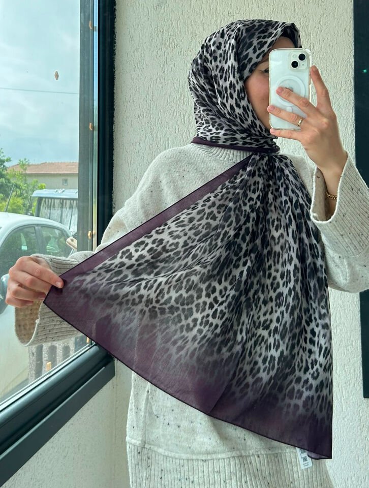 Silk Home Leopar Desen Soft Şal Patlıcan Moru