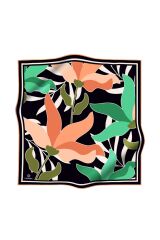 %100 Twill İpek Yaprak Desenli Somon - Su Yeşili Renkli 90x90 Eşarp Dikim Şekli : El Dikişi