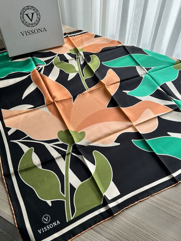 Vissona Twill İpek Yaprak Desenli Eşarp Somon