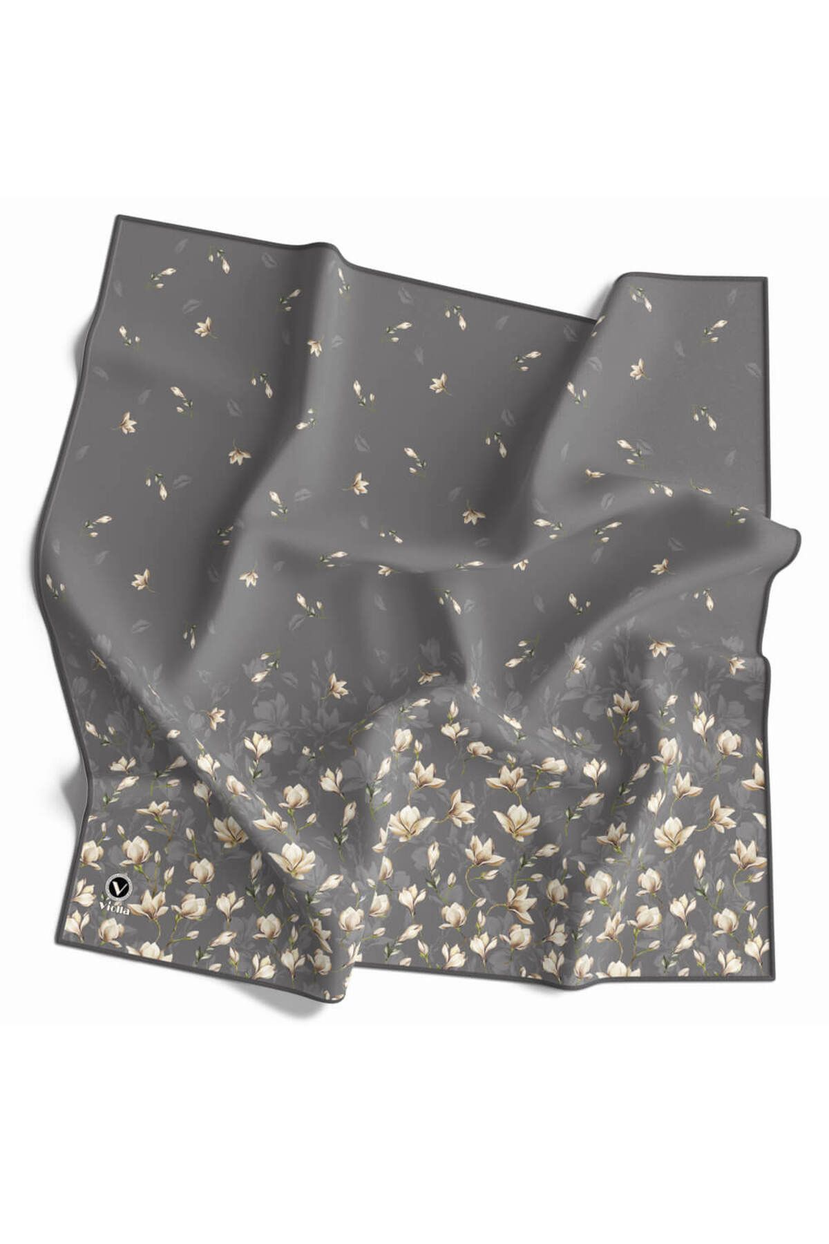 Twill Çıtır Çiçek Desenli Gri Renkli 90x90 Eşarp (İpek İçermez) Kenar Dikiş Şekli El Dikişli