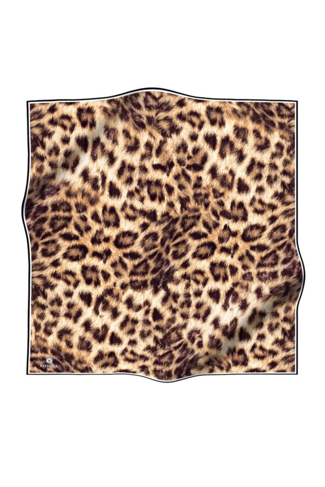 Vissona Twill İpek Leopar Desenli Eşarp Hardal
