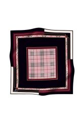 %100 Twill İpek Ekose Desenli Pudra - Şarabi Renkli 90x90 Eşarp Dikim Şekli : El Dikişi