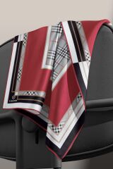 %100 Twill İpek Ekose Desenli Bordo Renkli 90x90 Eşarp Dikim Şekli : El Dikişi