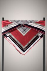 %100 Twill İpek Ekose Desenli Bordo Renkli 90x90 Eşarp Dikim Şekli : El Dikişi