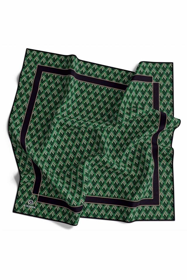 Vissona Twill İpek Geometrik Desenli Eşarp  Zümrüt Yeşili