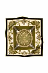Twill Barok Desenli Haki Yeşili Renkli 90x90 Eşarp (İpek İçermez) Kenar Dikiş Şekli El Dikişli
