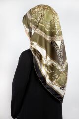 Twill Barok Desenli Haki Yeşili Renkli 90x90 Eşarp (İpek İçermez) Kenar Dikiş Şekli El Dikişli