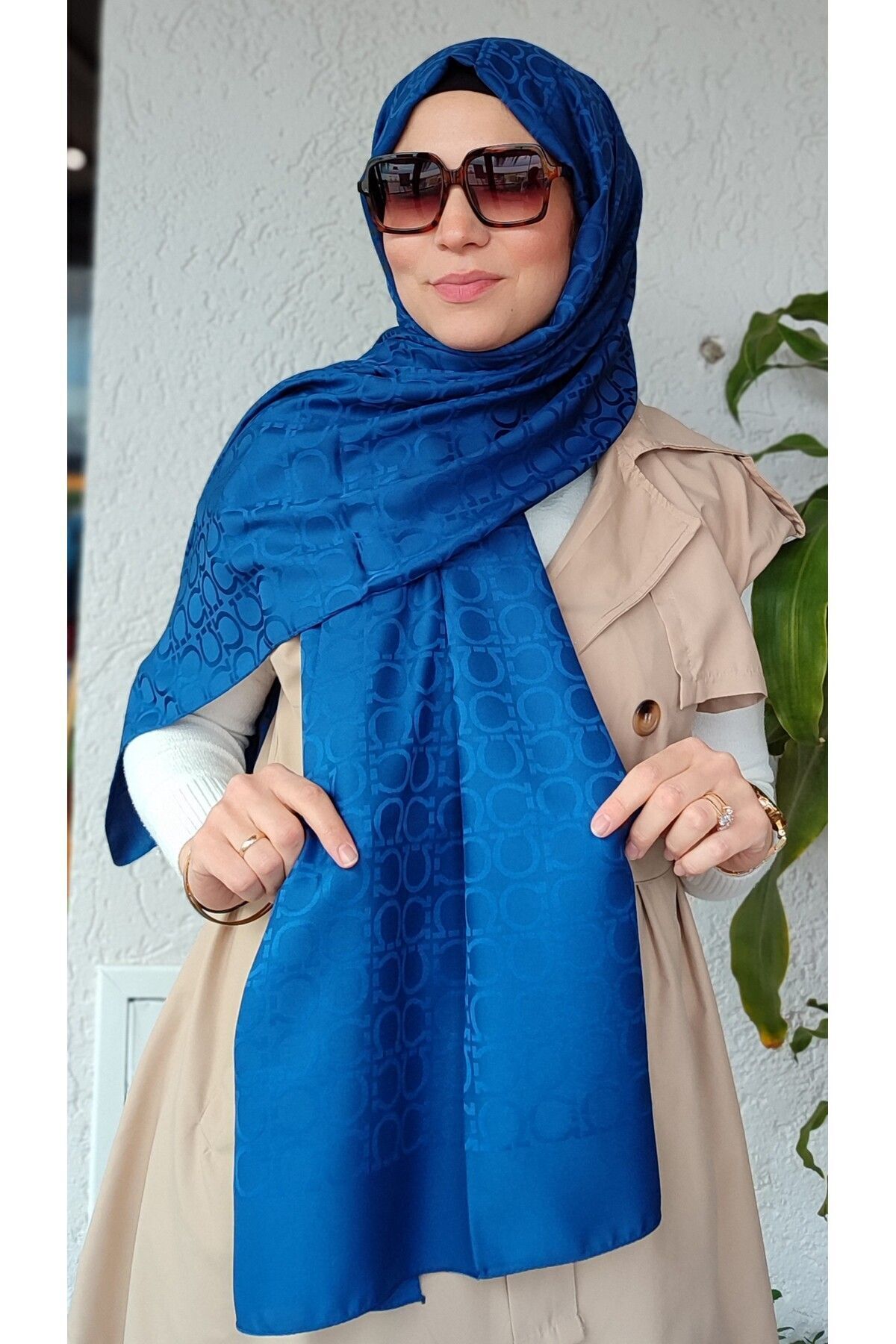 Zeylin Ferra Desen Pamuk Jakar Şal Lacivert