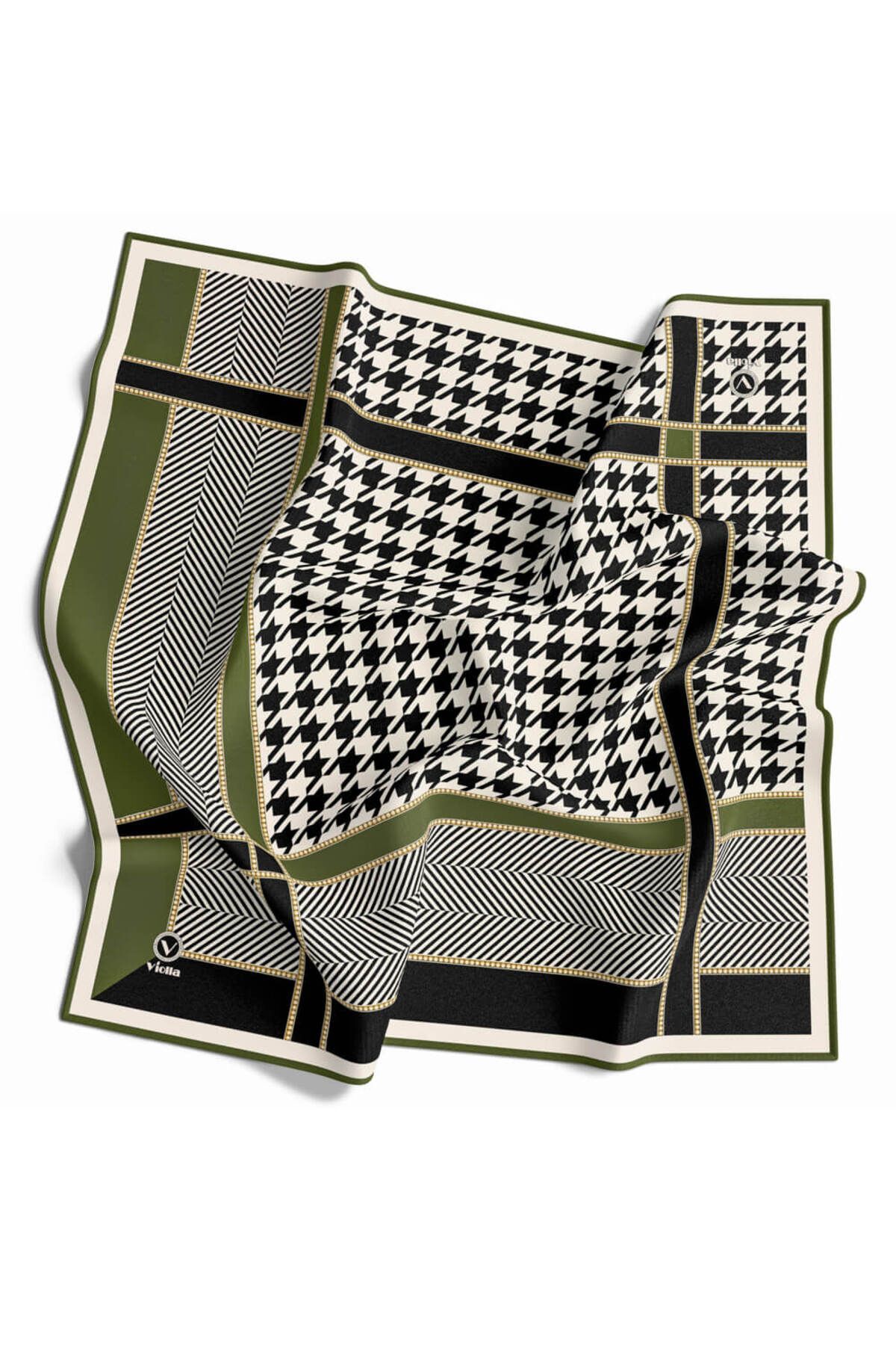 Twill Kazayağı Desenli Haki Renkli 90x90 Eşarp (İpek İçermez) Kenar Dikiş Şekli El Dikişli