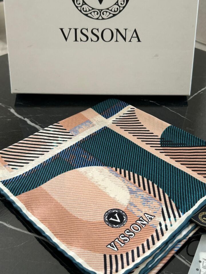 Vissona Twill Ipek Geometri Desenli Eşarp Lacivert-Vizon