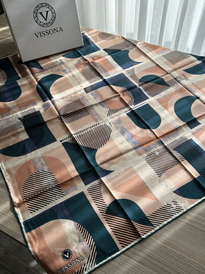 Vissona Twill Ipek Geometri Desenli Eşarp Lacivert-Vizon