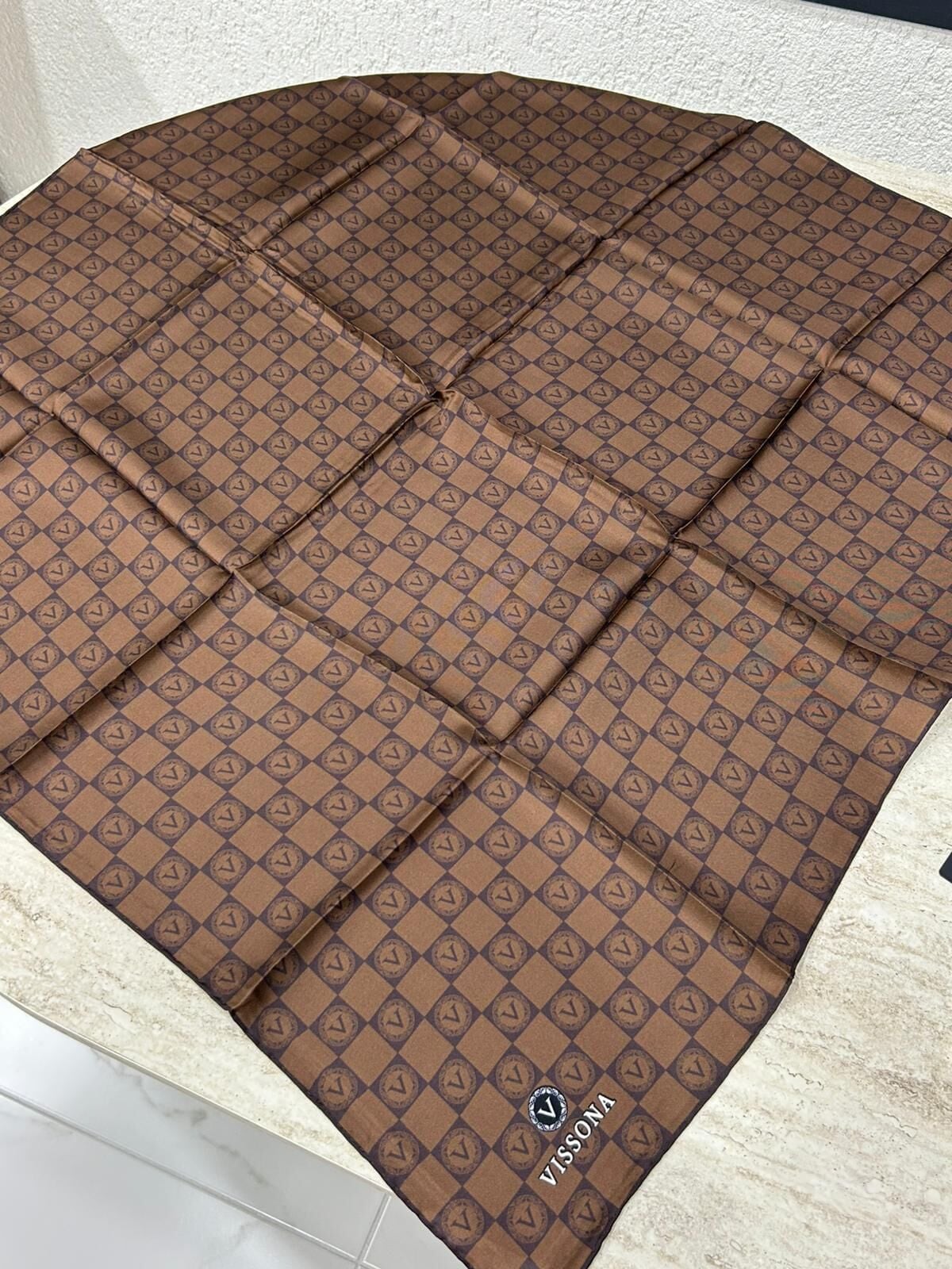 Vissona Monogram Twill İpek Eşarp Kahverengi