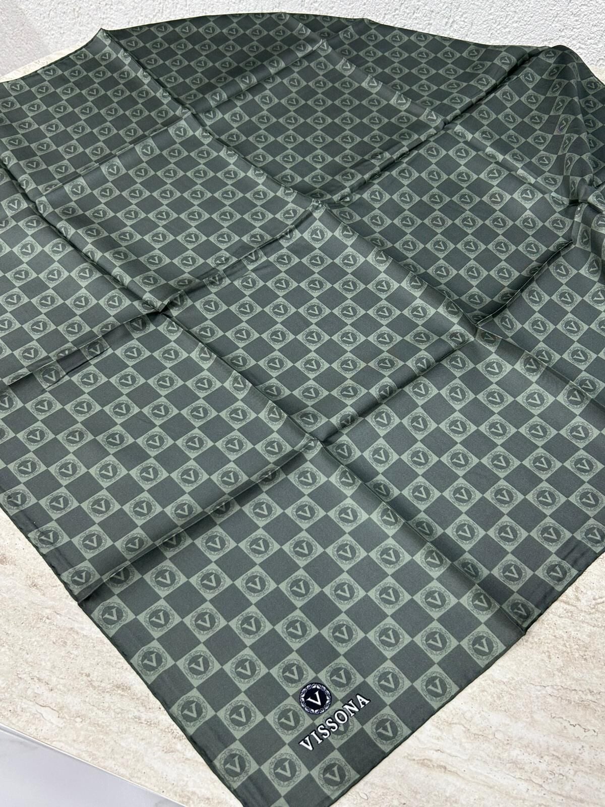 Vissona Monogram Twill İpek Eşarp Haki