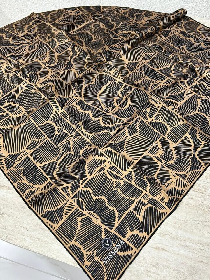 Vissona Çizgi Desen Twill İpek Eşarp Gold