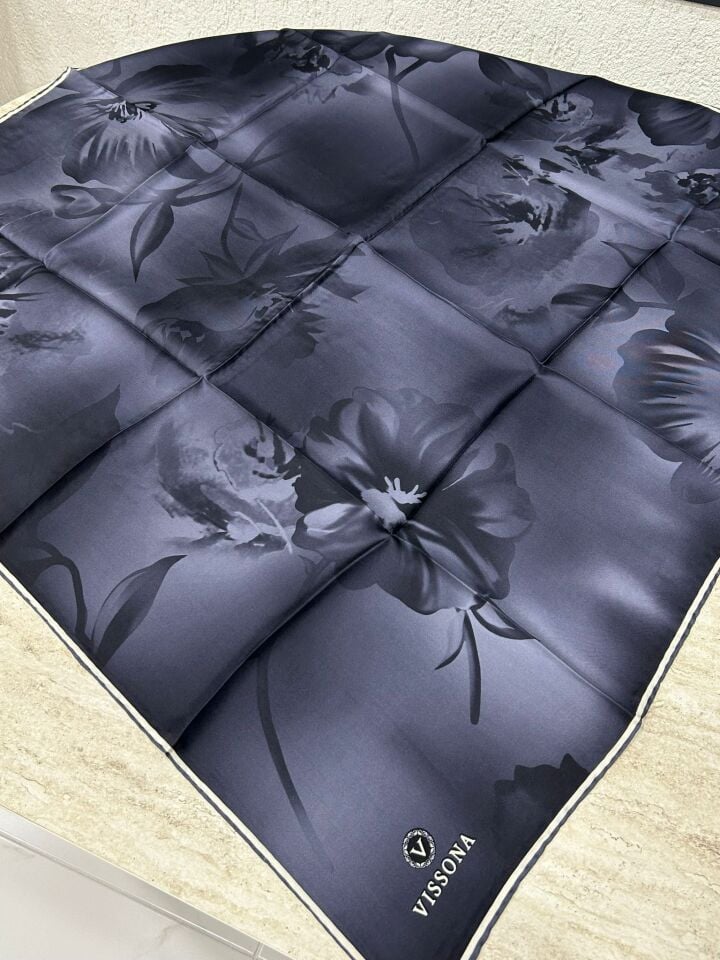 Vissona Soyut Çiçek Desen Twill İpek Eşarp Antrasit