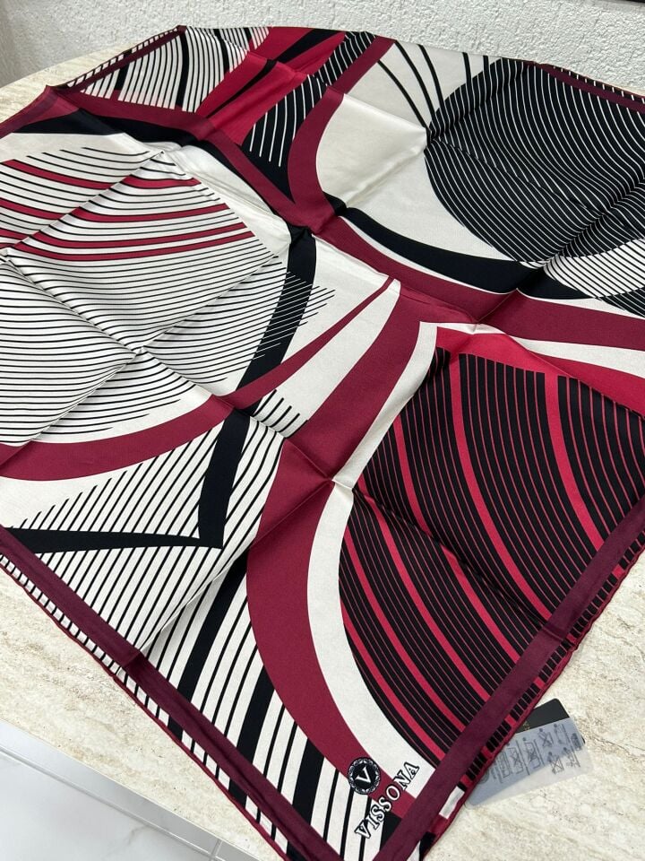 Vissona Çizgi Desen Twill İpek Eşarp Bordo