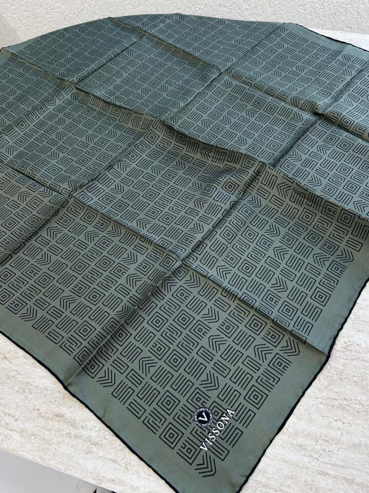 Vissona Twill İpek Etnik Motif Desenli Eşarp Haki