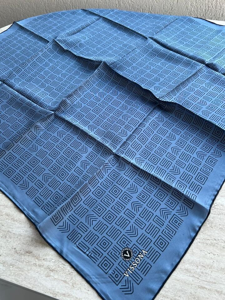 Vissona Twill İpek Etnik Motif Desenli Eşarp Mavi