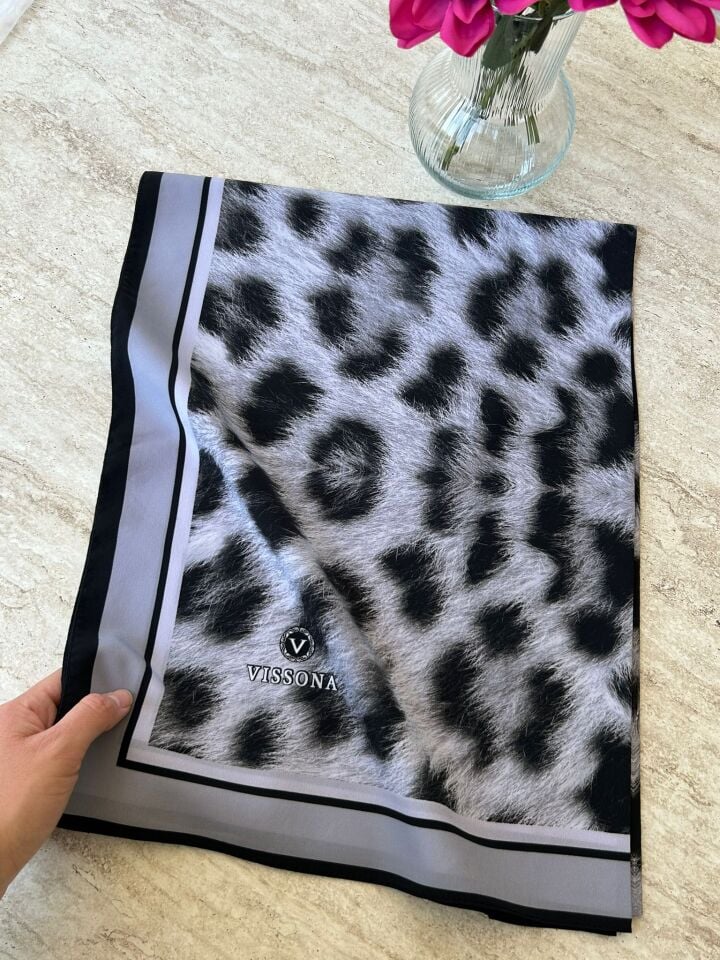 Vissona Medine İpeği Leopar Desen Şal Gri