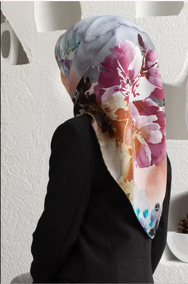 Vissona Twill İpek Çiçek Desenli Eşarp Mürdüm