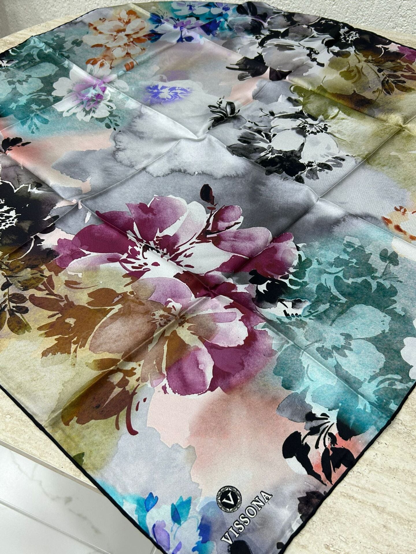Vissona Twill İpek Çiçek Desenli Eşarp Mürdüm