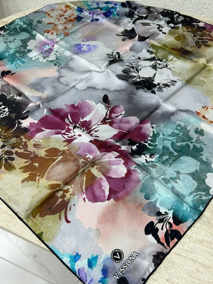 Vissona Twill İpek Çiçek Desenli Eşarp Mürdüm