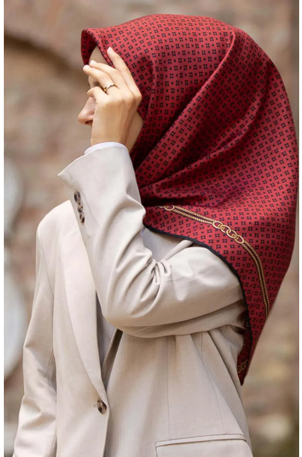 Vissona Twill İpek Monogram Desen Eşarp Bordo